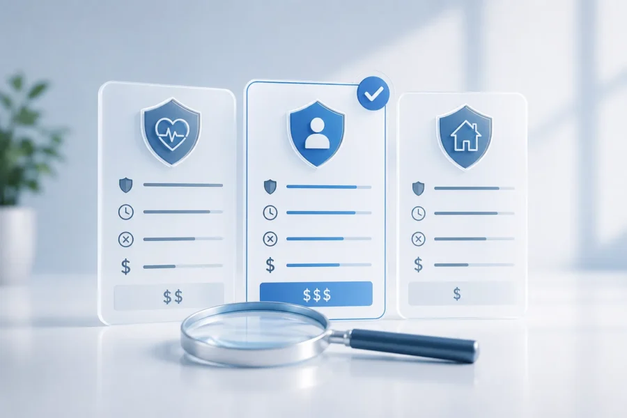 Trois soumissions d’assurance comparées côte à côte avec une loupe